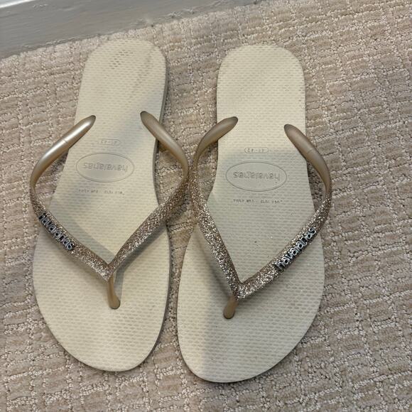 Havianas Womens Rubber Flip Flop Sandals Cream Sparkle Gold Size 41-42 Summer - Picture 2 of 4